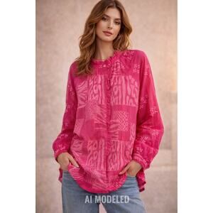 Johnny Was NWT Pink Cupra Blouse Boho Festival Solk Like Med Top